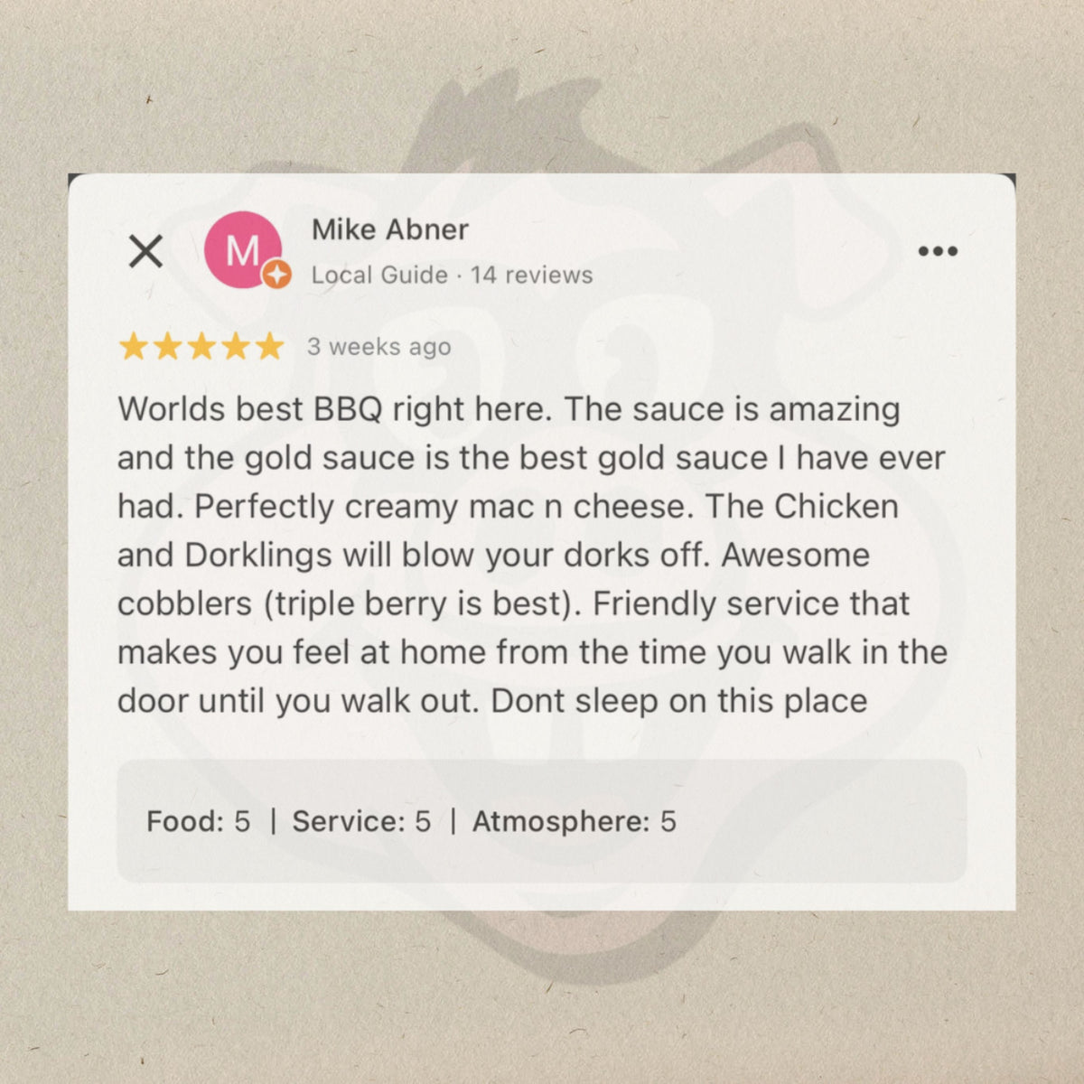 Shoutout to Barbara Bonneville Quincy for this beautiful review! We appreciate you, king. This is the guy with the socks, by the way. That’s how you know his passion is legit. Thanks Mike! Always a pleasure to see you and your crew roll in. #DorkysBBQ #DorkLife